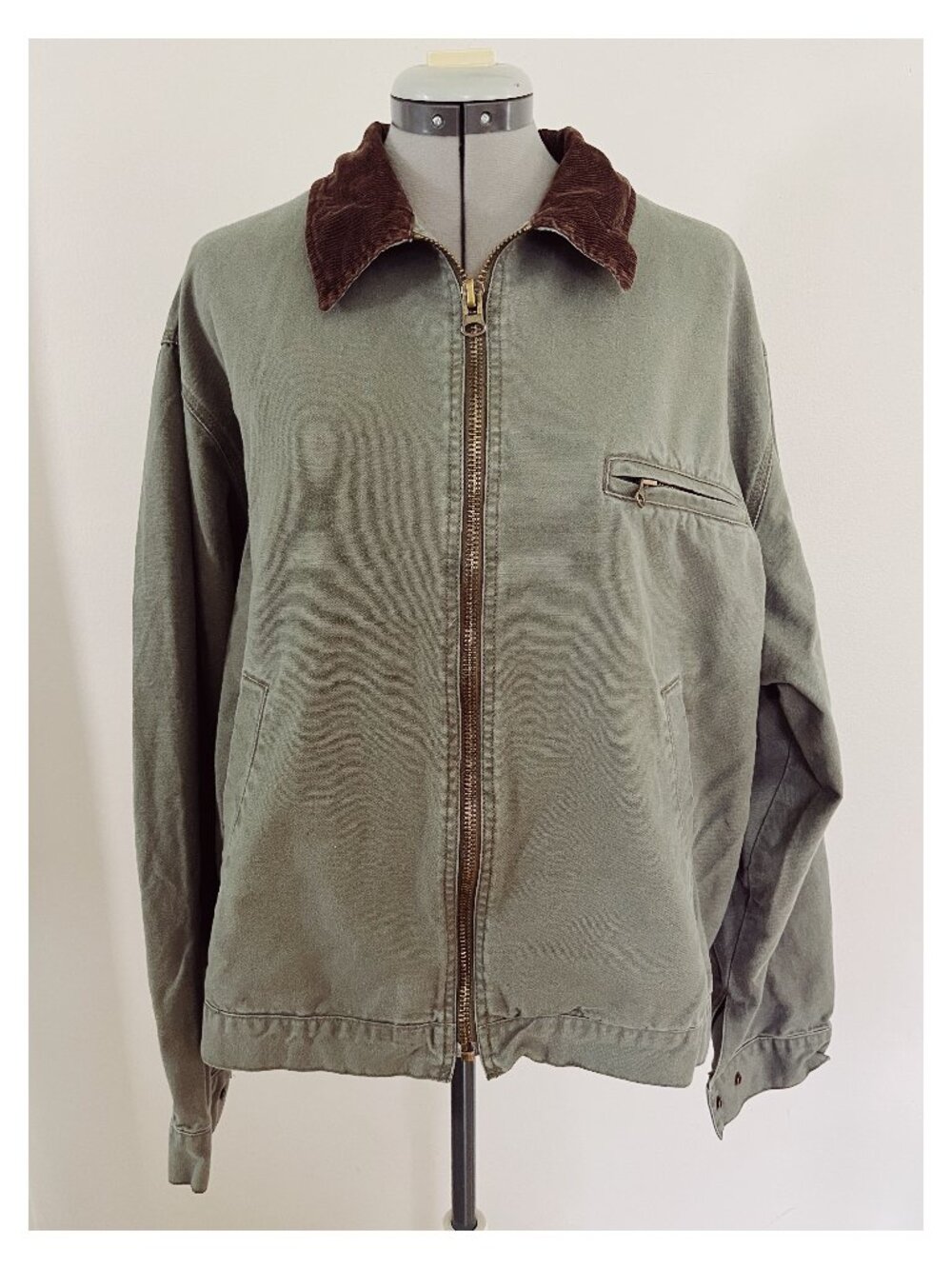 VTG 90s Old Navy Sz M Utility Work Jacket Olive Twill Corduroy Collar
